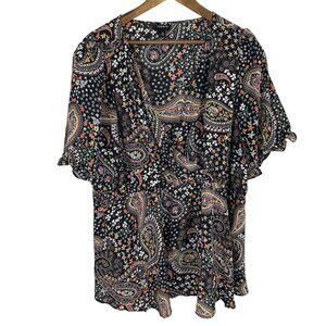 Torrid Paisley & Floral Print Black Faux Wrap Blouse With Flutter Sleeves Sz 3X